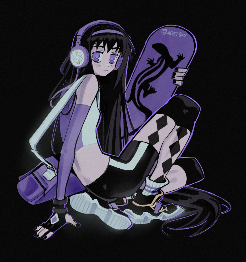 1girl, acet0xy, akemi_homura, arm_warmers, artist_name, bag, black_background, black_footwear