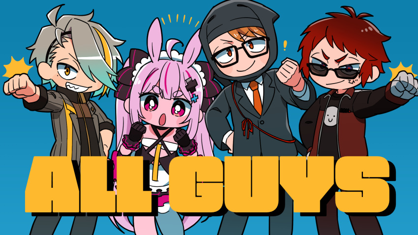 1girl, 3boys, ahoge, animal_ears, apron, bandeau, bans, black_gloves, black_hood, black_jacket, black_suit, blue_background, blush, bright_pupils, clenched_hand, clenched_hands, closed_mouth, commentary_request, criss-cross_halter, english_text, facial_mark, feet_out_of_frame, frilled_hairband, frills, ganbaru_pose, gatchmanv, glasses, gloves, grey_hair, grey_jacket, grin, hair_ornament, hair_over_one_eye, hairband, halterneck, hand_on_own_hip, hand_up, highres, hikimayu, indie_virtual_youtuber, jacket, layered_clothes, leaning_to_the_side, lineup, long_hair, looking_at_viewer, mole, mole_under_eye, multicolored_clothes, multicolored_hair, multicolored_jacket, multiple_boys, necktie, notice_lines, one_eye_covered, open_clothes, open_jacket, open_mouth, orange_hair, orange_necktie, outstretched_arm, pink_eyes, pink_hair, rabbit_ears, rabbit_girl, red_eyes, red_jacket, red_pupils, redhead, sharp_teeth, short_hair, simple_background, skirt, smile, smirk, standing, streaked_hair, suit, sumikawa_(sumikawa8v), sunglasses, sword, sword_on_back, teeth, tenkai_tsukasa, tomari_mari, track_jacket, turtleneck, turtleneck_jacket, twintails, two-tone_jacket, utai_meika, v-shaped_eyebrows, very_long_hair, virtual_youtuber, waist_apron, weapon, weapon_on_back, white_bandeau, white_pupils, x_hair_ornament, yellow_eyes