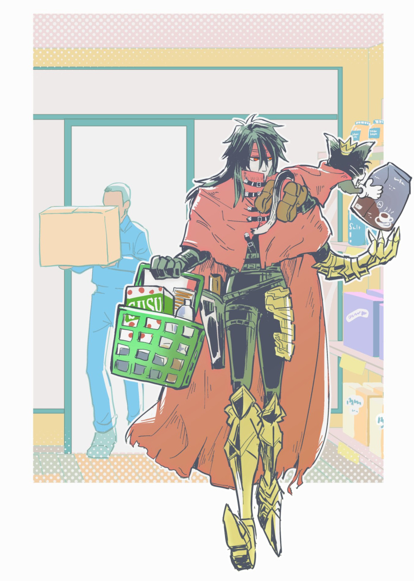 2boys, animal_on_shoulder, armor, armored_boots, basket, black_fur, black_gloves, black_hair