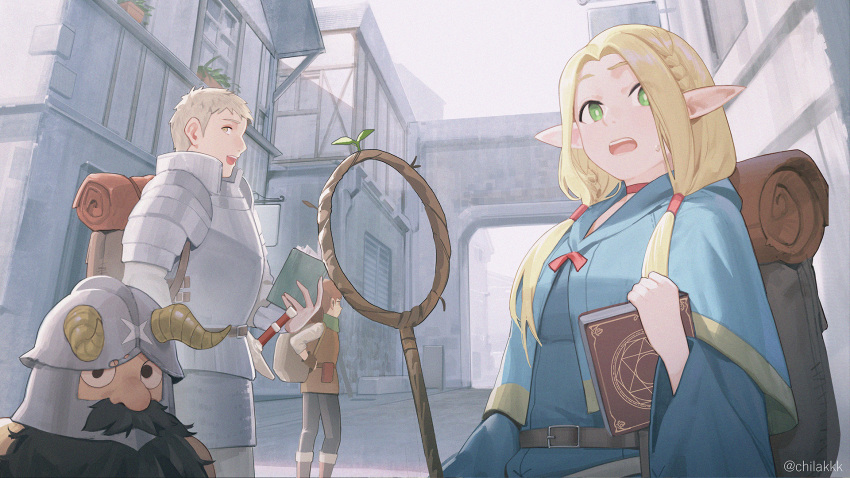 armor, backpack, bag, blonde_hair, blue_robe, book, braid, brown_hair