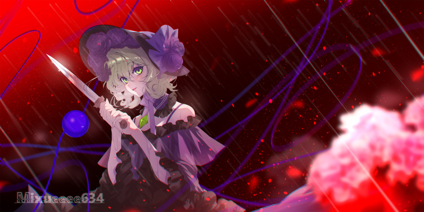 1girl, absurdres, artist_name, black_bonnet, black_dress, blurry, blurry_foreground, blush, bonnet, bow, bowtie, collar, commentary_request, dress, fingernails, flower, green_eyes, green_hair, hair_between_eyes, hands_up, hat, hat_flower, highres, holding, holding_knife, knife, komeiji_koishi, lips, looking_at_viewer, parted_lips, purple_bow, purple_bowtie, purple_collar, purple_flower, purple_rose, rain, red_background, rose, short_hair, soi_soi_(mixueeee634), solo, third_eye, touhou, wet