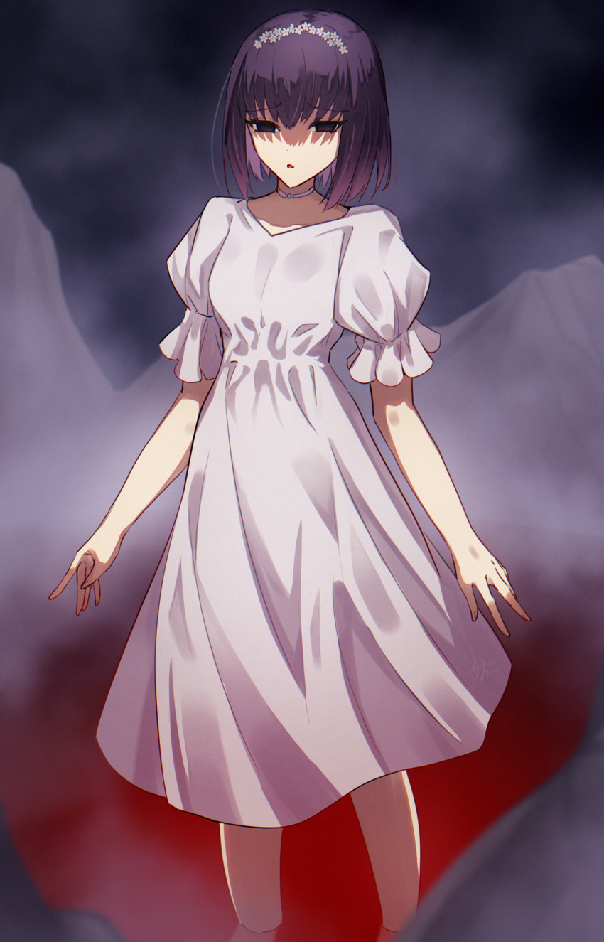 1girl, black_eyes, black_hair, blood, breasts, cowboy_shot, dress, fate/grand_order, fate_(series), flower, fog, hair_flower, hair_ornament, highres, izanaware_game, kuonji_alice, long_sleeves, mahou_tsukai_no_yoru, medium_dress, pool_of_blood, puffy_sleeves, shaded_face, short_hair, solo, wading