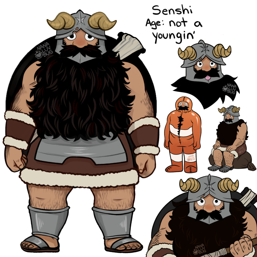 1boy, :p, absurdres, alternate_facial_hair, animal_costume, axe, beard, clenched_hands