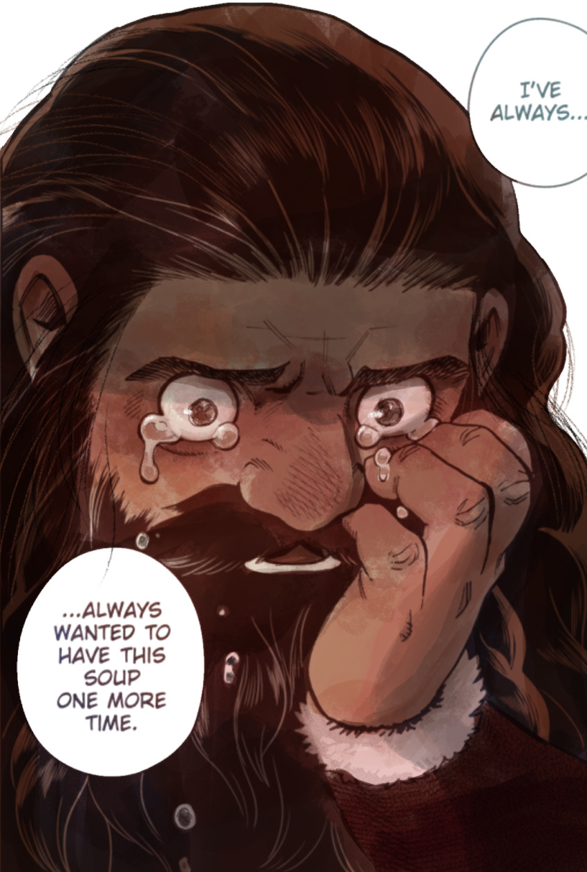 1boy, beard, big_nose, brown_hair, colorized, crying, dungeon_meshi, dwarf