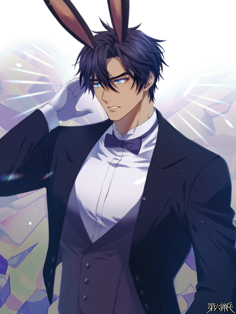 1boy, animal_ears, black_bow, black_bowtie, black_hair, black_suit, blue_eyes, bow