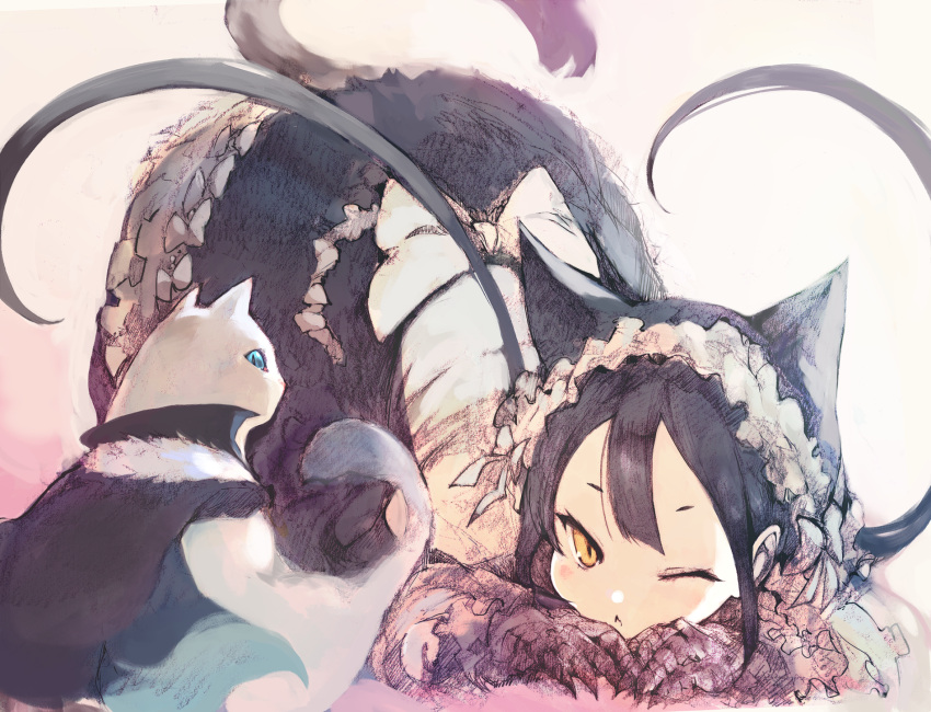 1girl, ;<, animal_ears, black_dress, black_hair, cat, cat_ears, cat_girl