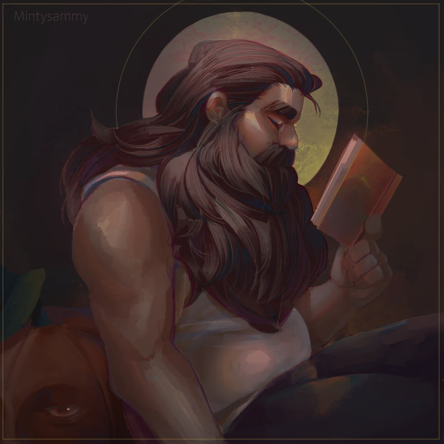 1boy, alternate_costume, beard, beard_over_mouth, belly, book, brown_theme, closed_eyes