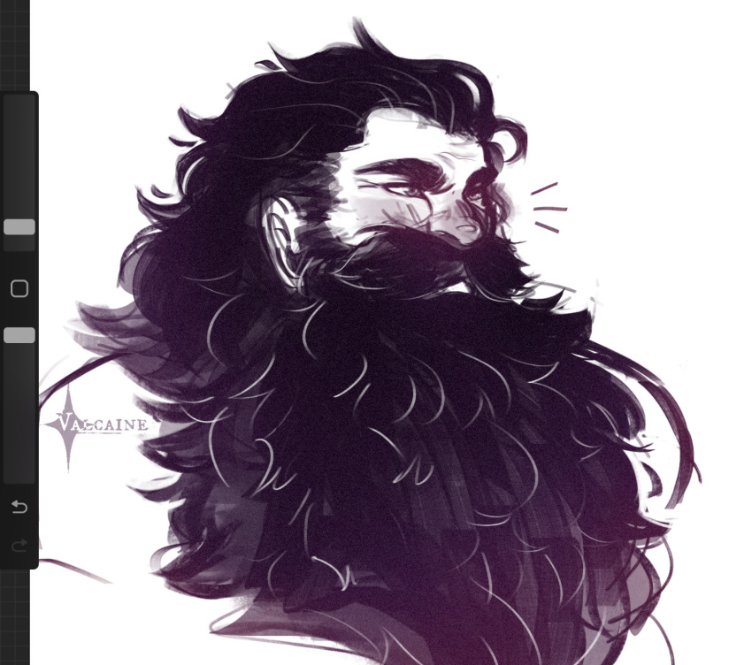 1boy, art_program_in_frame, beard, beard_over_mouth, blush, broad_shoulders, dungeon_meshi, dwarf