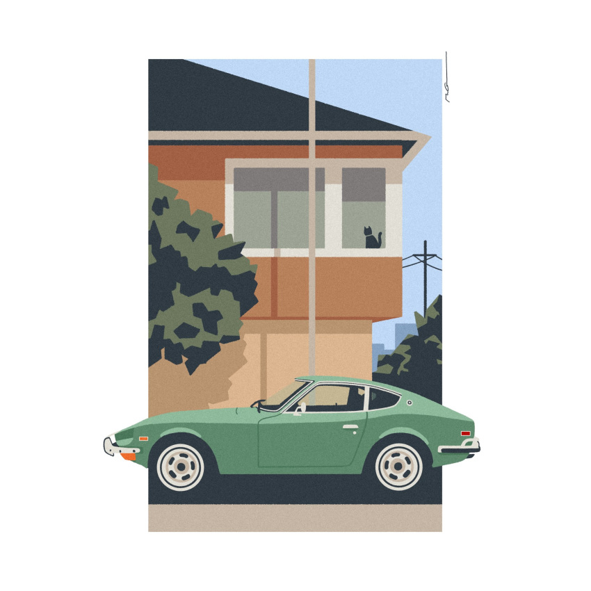 black_cat, border, car, cat, datsun, datsun_240z, green_border, highres