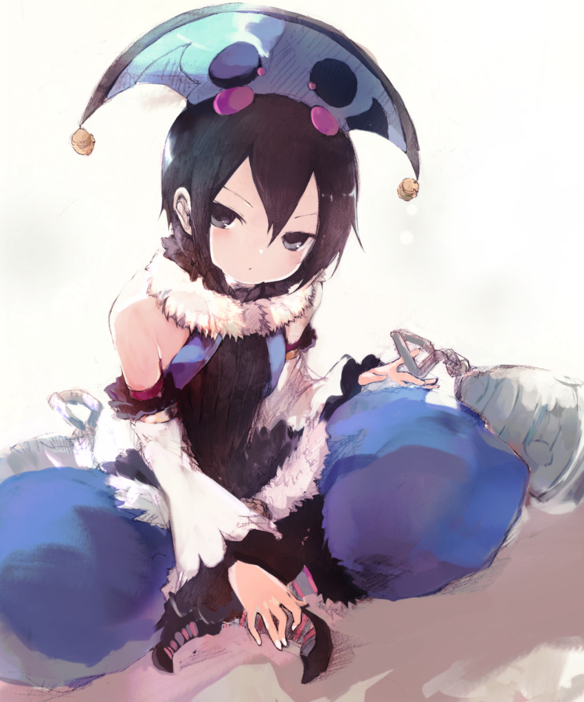 1girl, bare_shoulders, black_eyes, black_hair, blush, detached_sleeves, expressionless, fur_collar, hat, highres, indian_style, jester_cap, kakuwashi, looking_at_viewer, refrain_no_chika_meikyuu_to_majo_no_ryodan, short_hair, sitting, sketch, solo, theatrical_star