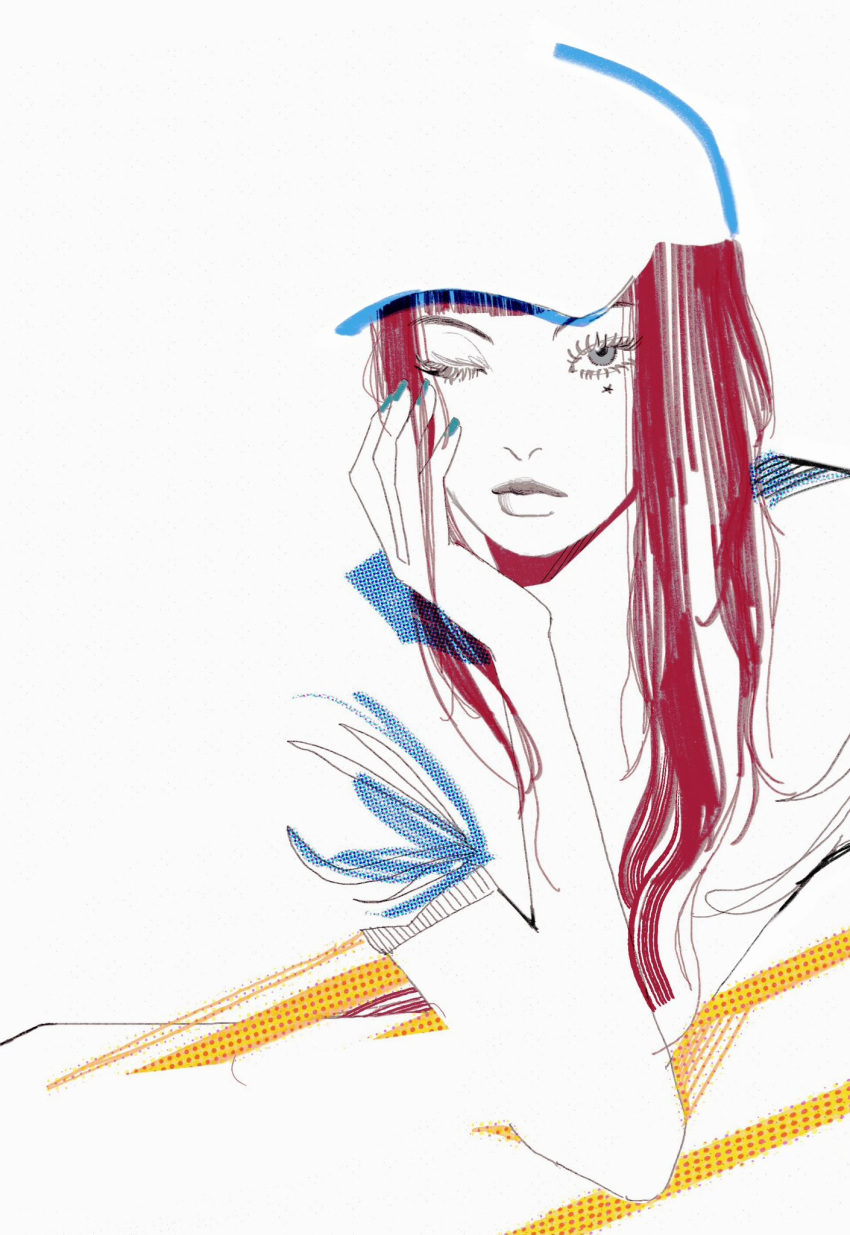 1girl, 352, blending, blue_nails, commentary, green_eyes, hand_on_own_cheek, hand_on_own_face