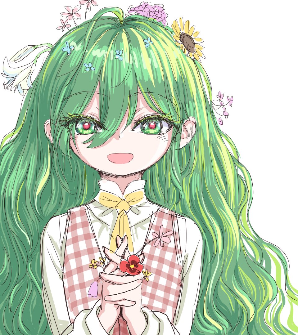 1girl, aged_down, ascot, collared_shirt, colored_eyelashes, flower, green_eyes, green_hair