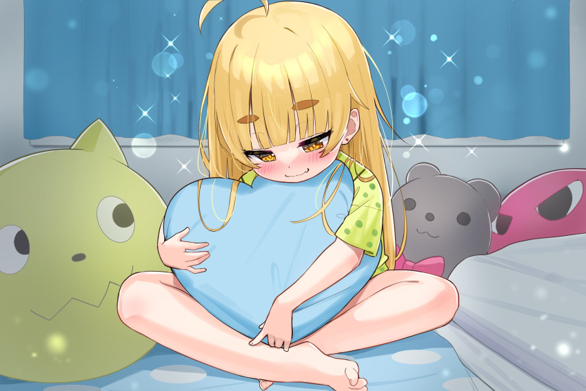 1girl, ahoge, bare_legs, barefoot, blonde_hair, blush, brown_eyes, chartreuse_green_t-shirt, closed_mouth, commentary_request, curtains, green_pajamas, green_shirt, green_t-shirt, half-closed_eyes, heart, heart-shaped_pillow, highres, hugging_object, indoors, long_hair, original, pajamas, pillow, pillow_hug, shirt, short_eyebrows, short_sleeves, sitting, smile, solo, t-shirt, thick_eyebrows, tsukiman, very_long_hair, wavy_mouth