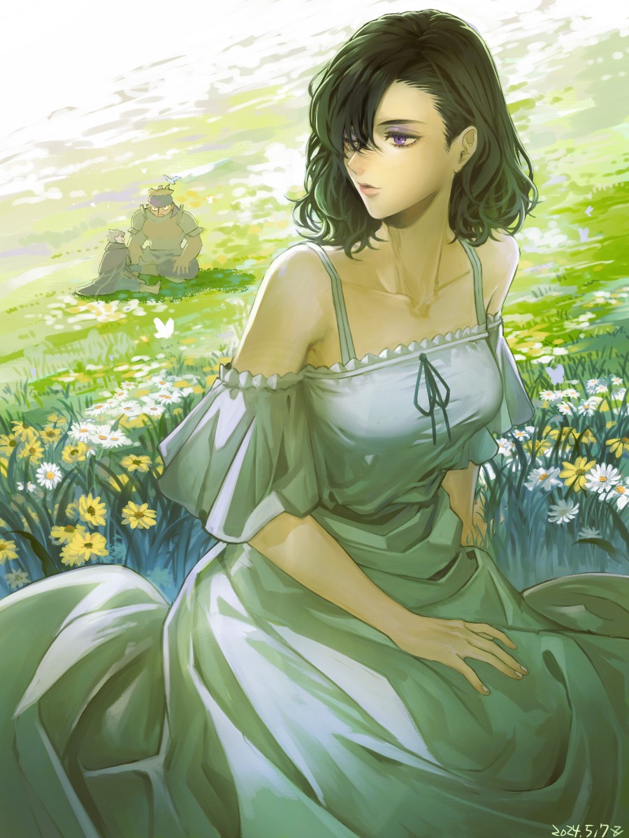 1girl, 2boys, alternate_costume, armor, bare_shoulders, berengaria_(unicorn_overlord), bird, black_hair