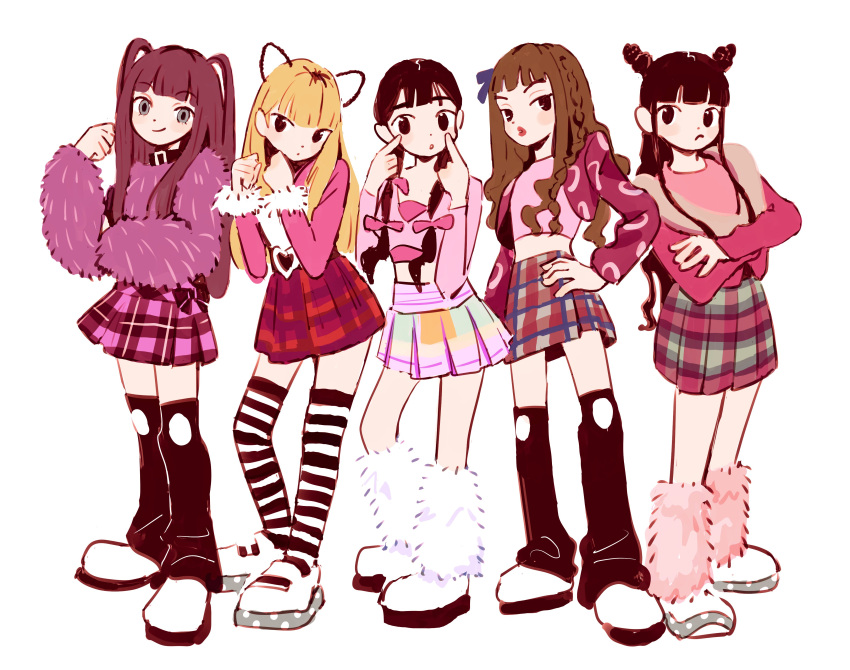 5girls, absurdres, belt, black_belt, black_eyes, black_thighhighs, blunt_bangs, bow