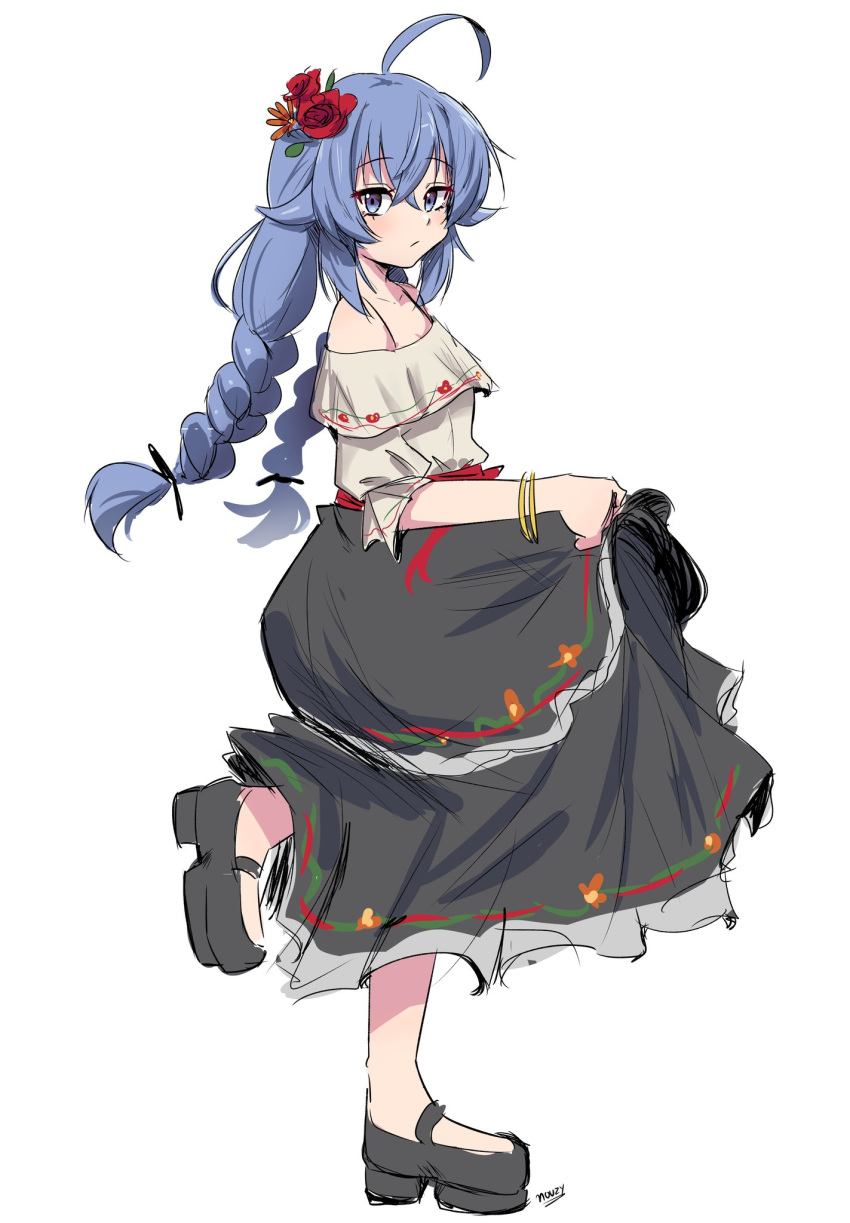 1girl, ahoge, black_dress, black_footwear, black_ribbon, blue_hair, bracelet, braid, breasts, closed_mouth, clothes_lift, dress, eyebrows_hidden_by_hair, flower, from_side, full_body, hair_between_eyes, hair_flower, hair_ornament, hair_ribbon, highres, jewelry, komeji_nouzy, lifted_by_self, long_hair, looking_at_viewer, mushoku_tensei, platform_footwear, platform_heels, red_flower, ribbon, roxy_migurdia, signature, simple_background, skirt, skirt_lift, small_breasts, solo, standing, standing_on_one_leg, twin_braids, two-tone_dress, white_background, white_dress