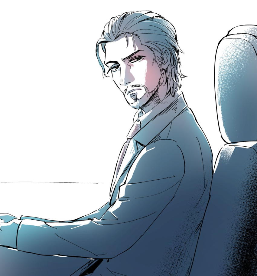 1boy, chair, dirge_of_cerberus_final_fantasy_vii, dress_shirt, facial_hair, facing_to_the_side, final_fantasy, final_fantasy_vii