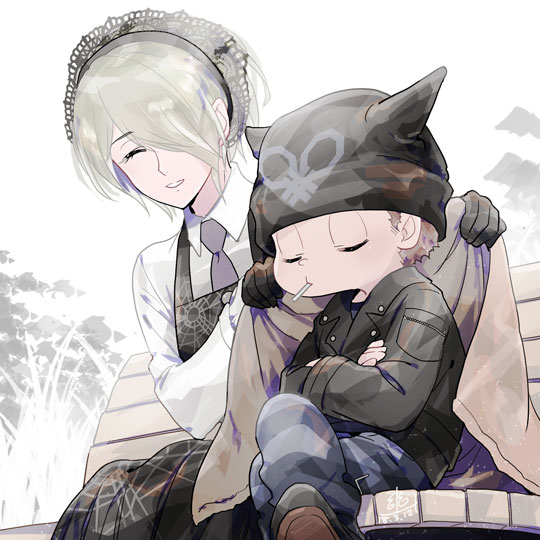 1boy, 1girl, ^_^, apron, beanie, belt, black_apron, black_belt