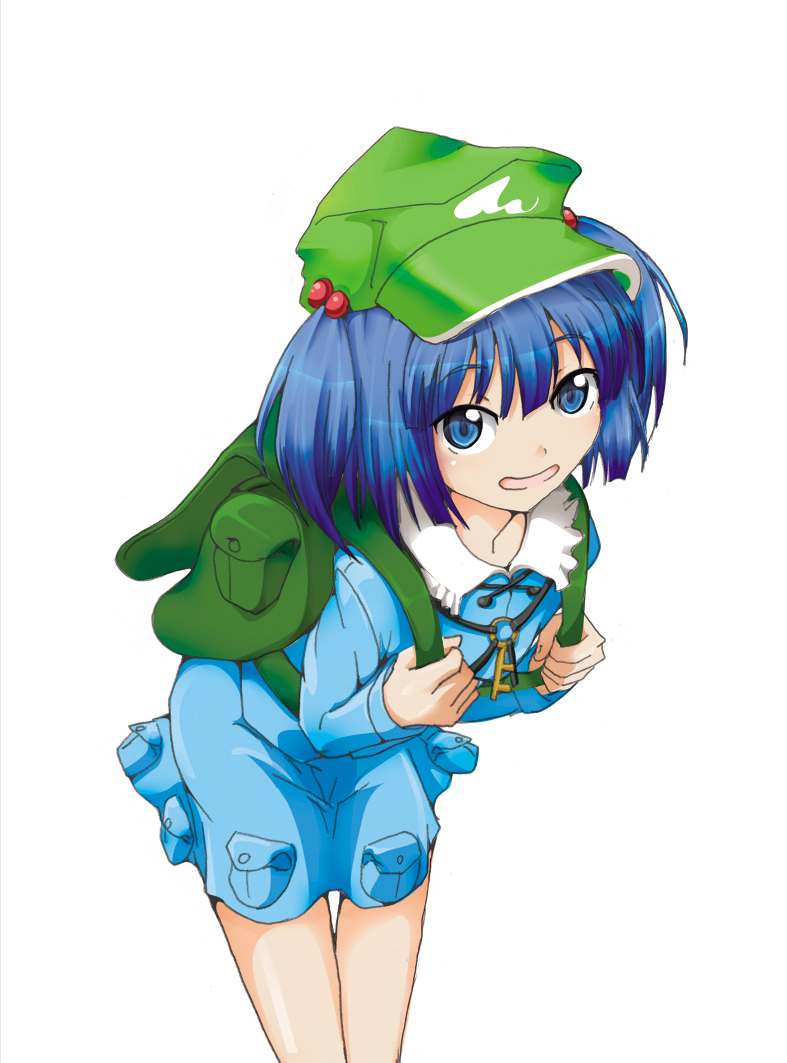backpack, bag, blue_eyes, blue_hair, hair_ornament, hat, kawashiro_nitori, key, redcj, re~men, short_hair, solo, touhou, twintails