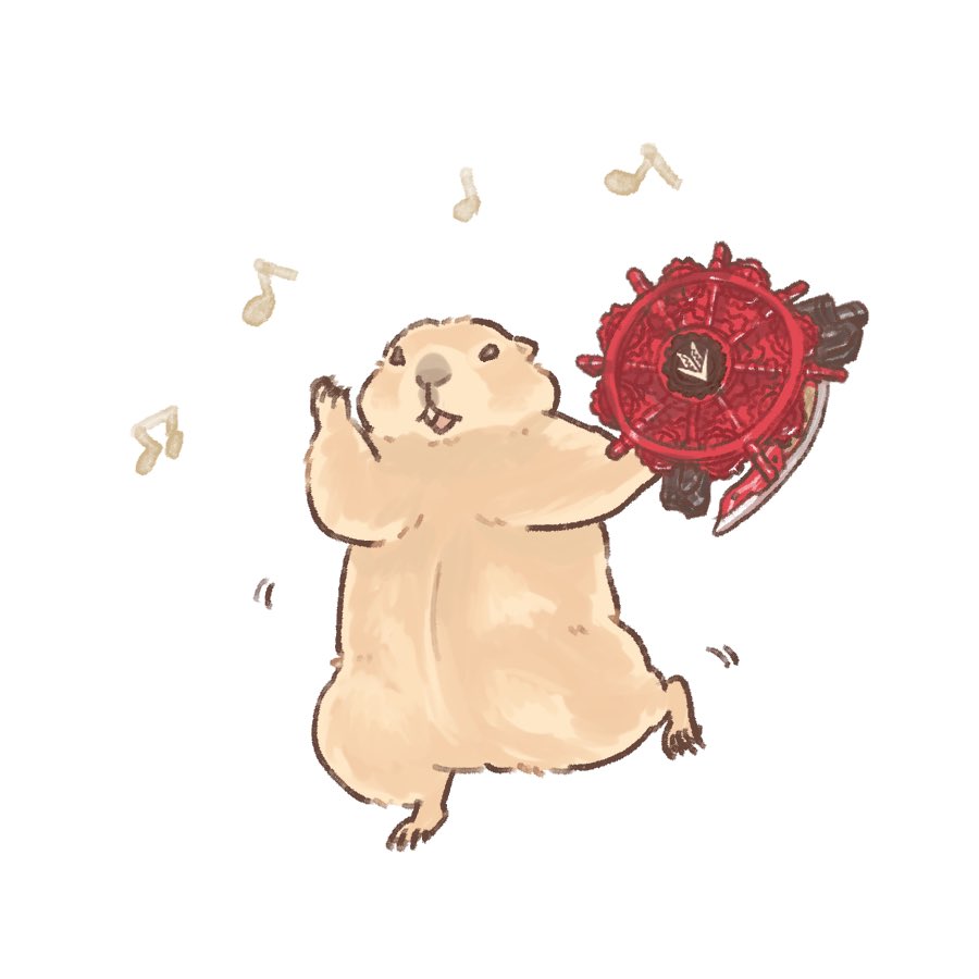 animal_focus, body_fur, brown_fur, dancing, emblem, full_body, geardalinger, gun, holding, holding_gun, holding_weapon, kikai_sentai_zenkaiger, musical_note, prairie_dog, py0wwk, simple_background, solo, super_sentai, weapon, white_background