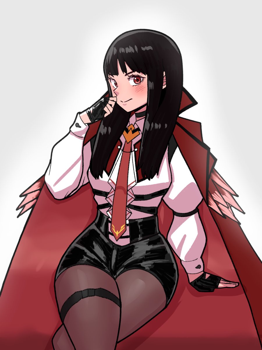 black_hair, blush, choker, cloak, coat, cosplay, crossed_legs, feather-trimmed_coat
