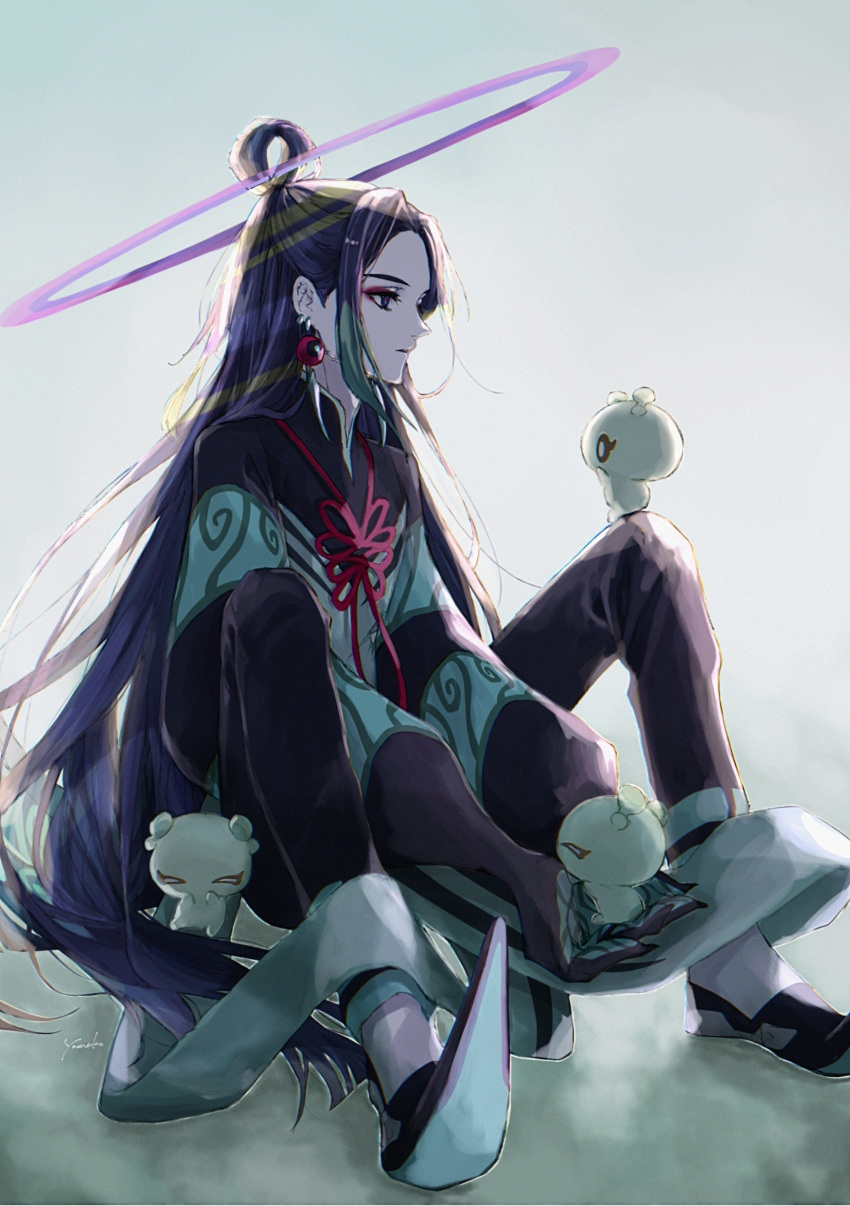 1boy, absurdres, aged_up, black_hair, black_pants, blue_eyes, chinese_clothes, con_(fate)