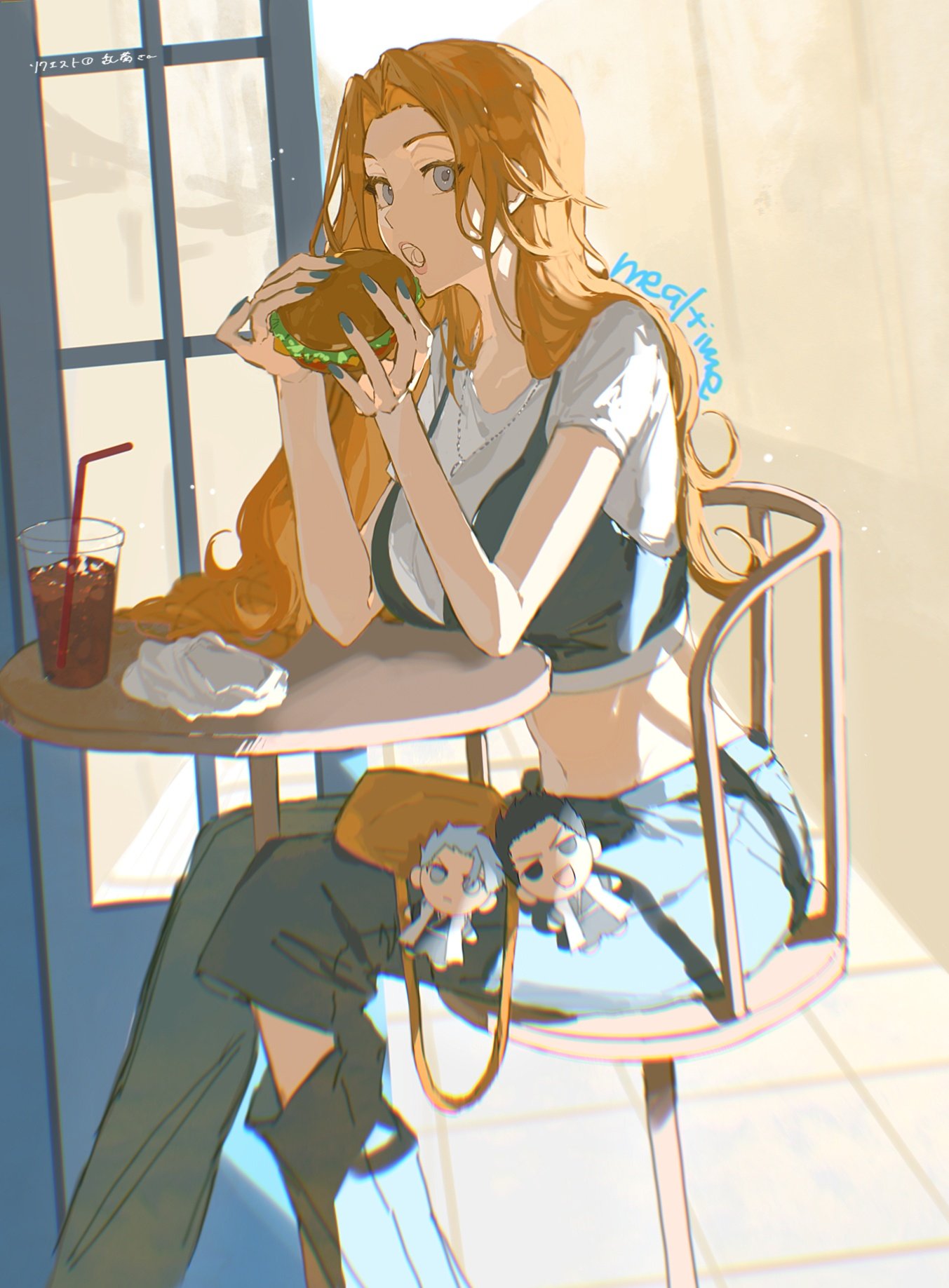 :o, bag, black_pants, bleach, blonde_hair, blue_eyes, blue_nails, bra_over_clothes, burger, chair, character_doll, character_request, cup, curly_hair, disposable_cup, door, drinking_straw, english_text, fingernails, food, highres, holding, holding_burger, holding_food, ice, jewelry, light, lips, long_hair, looking_at_viewer, matsumoto_rangiku, nail, nail_polish, navel, necklace, no_aid, on_chair, open_mouth, orange_bag, pants, plastic_bag, shirt, sitting, soda, sunlight, table, teeth, white_shirt