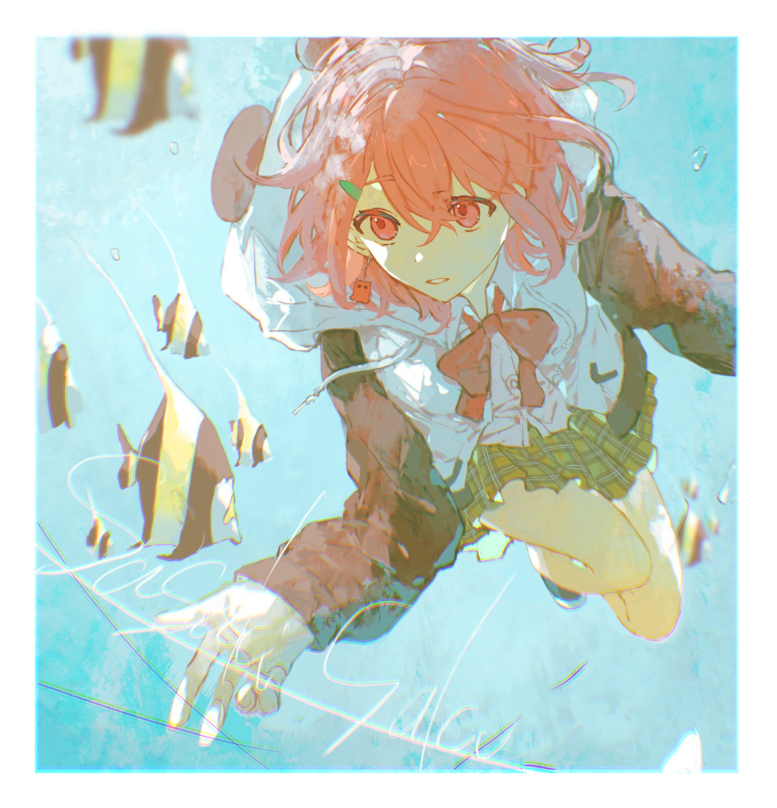 animal_ears, animal_hood, bow, bowtie, bubble, butterflyfish, character_name, collared_shirt