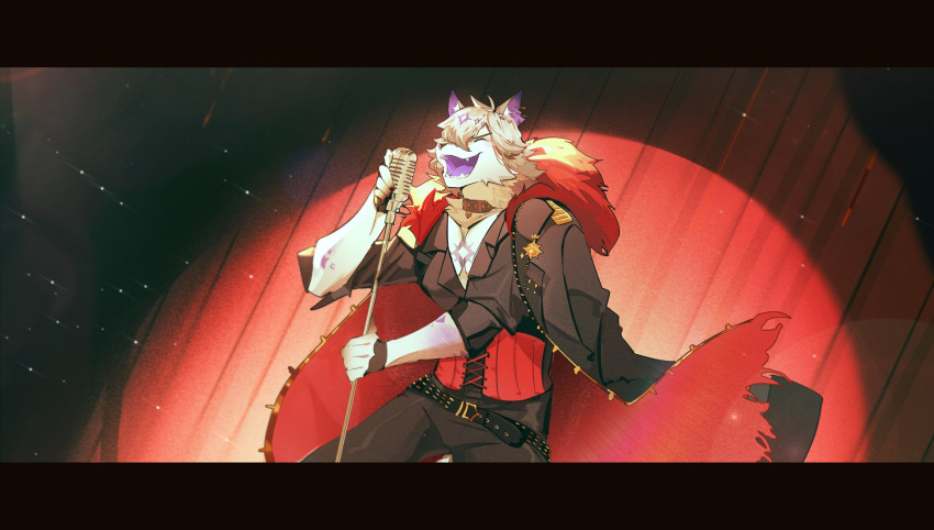 1boy, animal_ears, black_coat, black_pants, black_shirt, closed_eyes, coat, coat_on_shoulders, darias_silvah, earrings, fangs, fur-trimmed_coat, fur_trim, furry, furry_male, highres, holding, holding_microphone, holding_microphone_stand, jewelry, kulzart, male_focus, microphone, microphone_stand, music, open_mouth, pants, pectoral_cleavage, pectorals, pixela_project, shirt, singing, spotlight, toned, toned_male, wolf_boy, wolf_ears