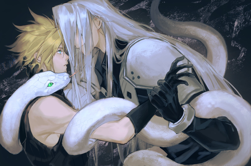 2boys, animal, arm_up, armor, black_background, black_coat, black_gloves, black_sweater