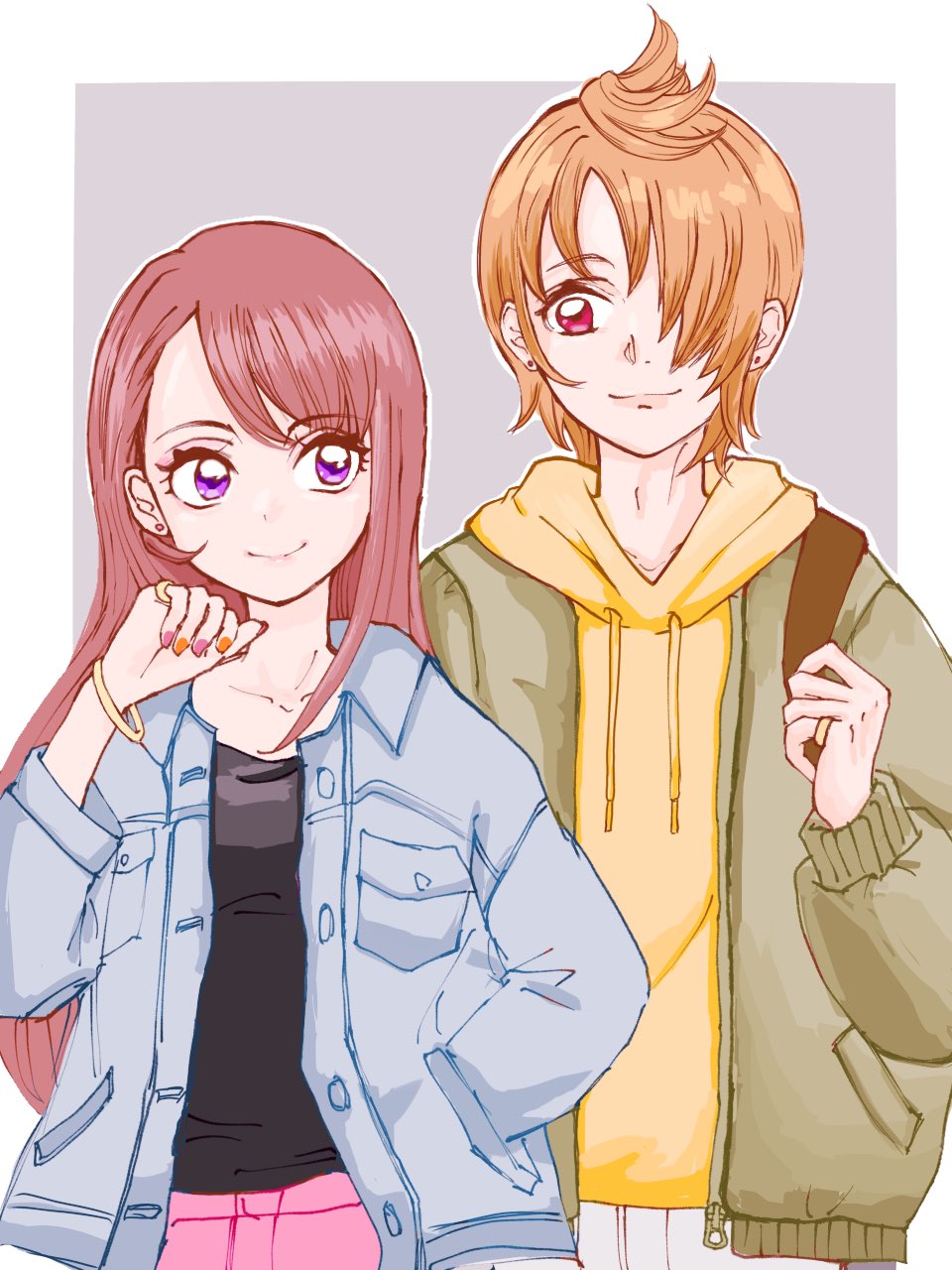 1boy, 1girl, black_shirt, blue_jacket, green_jacket, hair_over_one_eye, height_difference, highres, hijiri_ageha, hirogaru_sky!_precure, hood, hoodie, jacket, long_sleeves, macaron_nhm, open_clothes, open_jacket, orange_hair, precure, puffy_long_sleeves, puffy_sleeves, red_eyes, red_nails, redhead, shirt, smile, swept_bangs, violet_eyes, yellow_hoodie, yuunagi_tsubasa