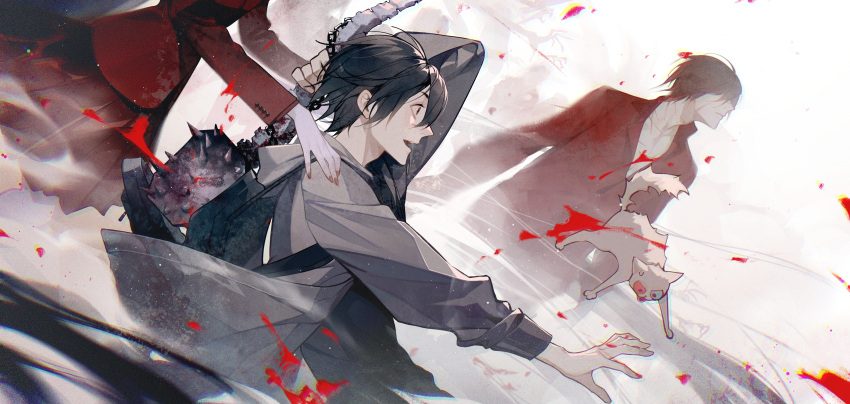 1girl, 2boys, absurdres, backpack, bag, black_bag, black_eyes, black_hair, black_shirt, blazer, blood, blood_splatter, blue_sclera, brown_hair, buttons, cat, character_request, chen_ge, chinese_commentary, collared_shirt, colored_sclera, commentary_request, from_side, grey_jacket, grey_sleeves, hair_between_eyes, hair_over_eyes, hand_on_another's_shoulder, highres, holding_mace, hood, hood_down, hooded_jacket, jacket, long_sleeves, loose_hair_strand, male_focus, miniskirt, mismatched_sclera, multiple_boys, my_house_of_horrors, nail_polish, open_mouth, pale_skin, pectoral_cleavage, pectorals, pleated_skirt, red_jacket, red_nails, red_sclera, red_shirt, red_skirt, red_sleeves, scar, scar_on_chest, scar_on_face, scar_on_nose, shirt, short_hair, skirt, smile, smoke, sweatdrop, teeth, upper_teeth_only, v-shaped_eyes, weapon_behind_back, white_background, white_cat, wide-eyed, zombie, zzennn