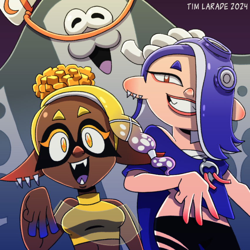 +_+, 1boy, 2024, 2girls, artist_name, big_man_(splatoon), blonde_hair, blue_hair