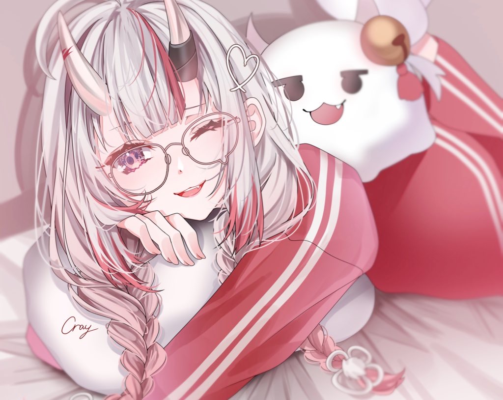 artist_name, bed_sheet, blurry, blurry_background, braid, commentary_request, cray, glasses