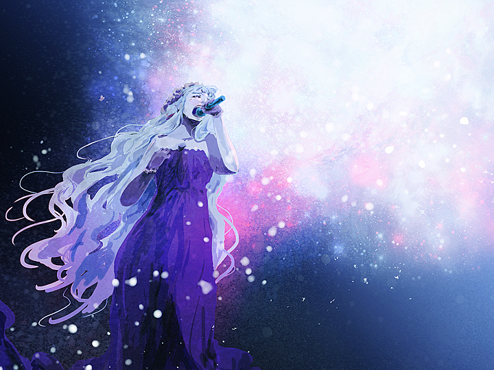 from_below, long_hair, macross, macross_frontier, microphone, night, night_sky, nsk, sheryl_nome, singing, sky, solo, tears