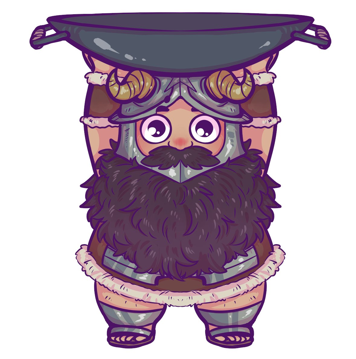 1boy, beard, blush, carrying_overhead, deformed, dilated_pupils, dungeon_meshi, dwarf, facial_hair, fake_horns, full_body, fungusfangs, helmet, horned_helmet, horns, long_beard, looking_at_viewer, male_focus, senshi_(dungeon_meshi), solo, sparse_leg_hair, straight-on, thick_mustache, very_long_beard, wok