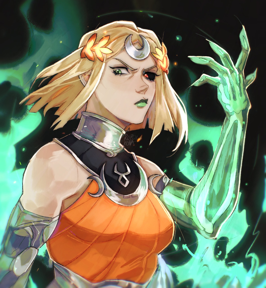 1girl, ancient_greek_clothes, asymmetrical_arms, black_sclera, blonde_hair, bone, colored_sclera, dress