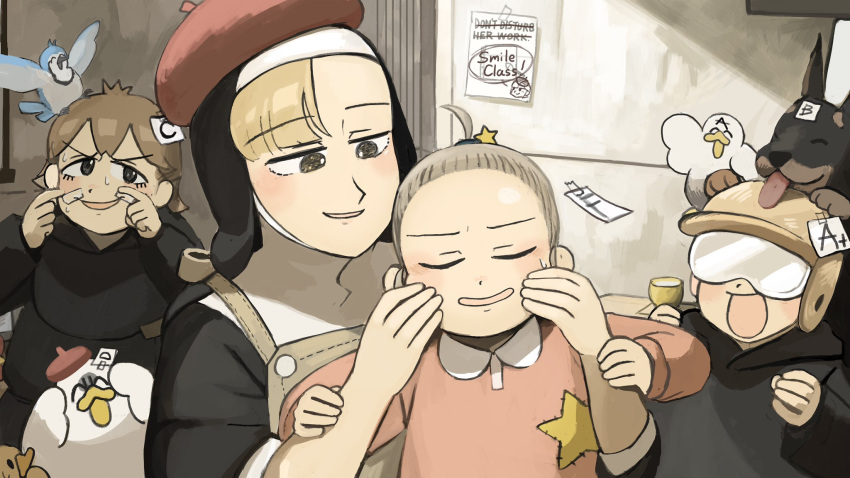 2boys, 2girls, :d, aged_down, beret, bird, black_robe, blonde_hair, blue_jay, blue_jay_monk_(diva), brown_hair, chicken, closed_eyes, cricket_monk_(diva), diva_(hyxpk), doberman, dog, dress, duck, english_commentary, goggles, grey_hair, habit, hair_ornament, hat, helmet, highres, little_nuns_(diva), multiple_boys, multiple_girls, nun, pink_dress, red_hat, robe, smile, spicy_nun's_mother_(diva), star_(symbol), star_hair_ornament, star_nun_(diva), star_print, traditional_nun