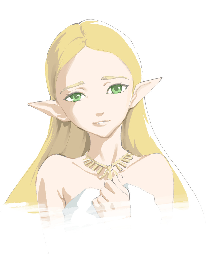 1girl, bare_shoulders, blonde_hair, dress, green_eyes, hand_on_own_chest, hashiguchi_takashi, highres