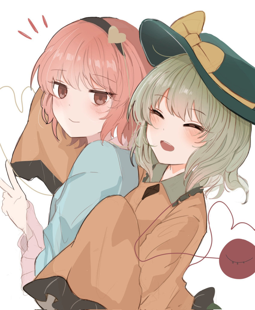 2girls, :d, black_hairband, blouse, blue_shirt, blush, bow, closed_eyes