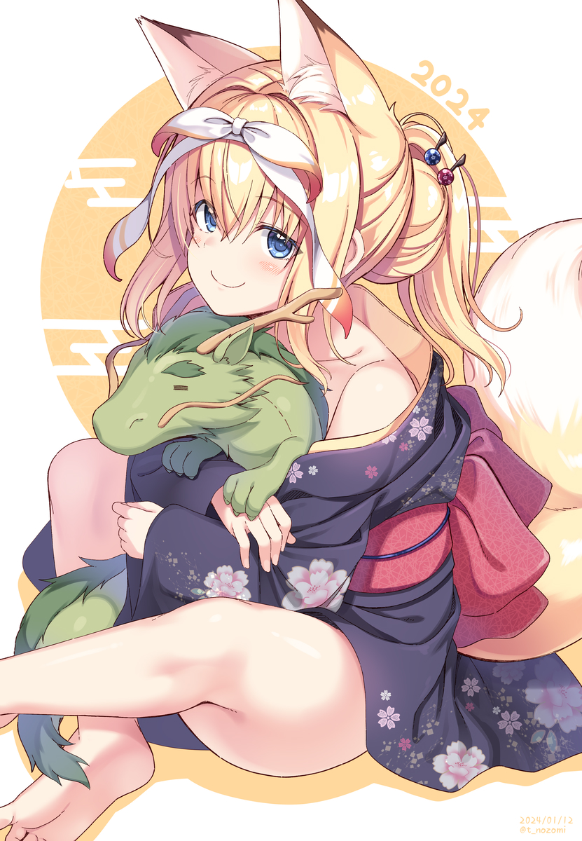 1girl, 2024, animal_ear_fluff, animal_ears, bare_shoulders, black_kimono, blonde_hair, blue_eyes
