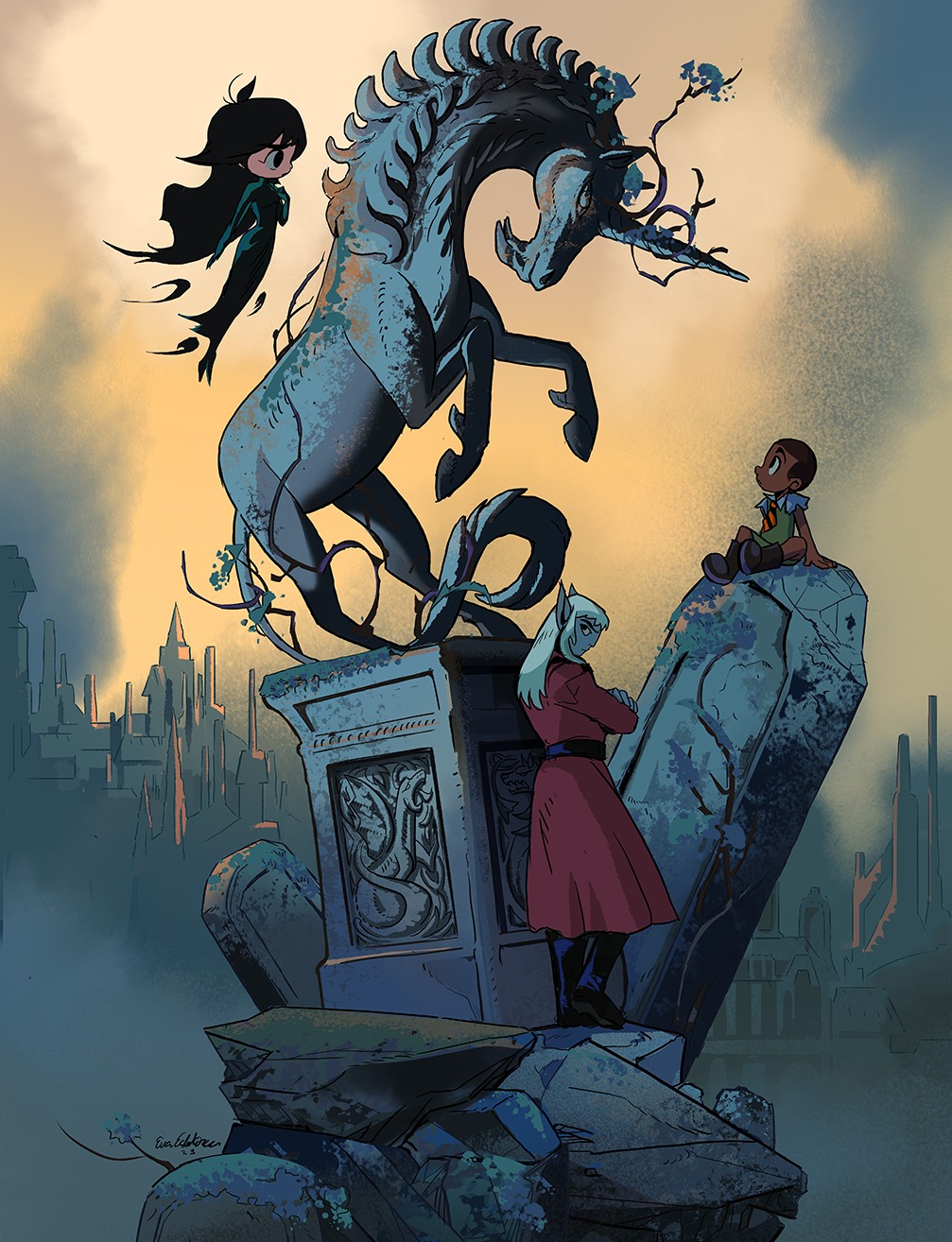 1girl, 2boys, artist_name, black_robe, cape, crossed_arms, dark-skinned_male, dark_skin, edrid_(unicorn:_warriors_eternal), english_commentary, evelmiina, flying, highres, horse_statue, long_hair, melinda_(unicorn:_warriors_eternal), multiple_boys, pointy_ears, red_cape, robe, seng_(unicorn:_warriors_eternal), short_hair, statue, unicorn, unicorn:_warriors_eternal, white_hair