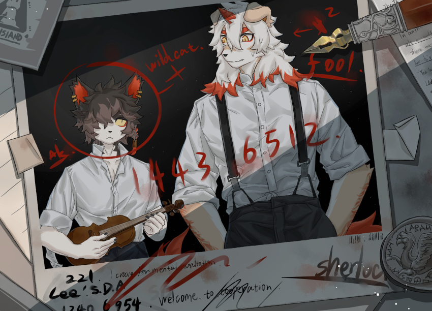 2boys, aak_(arknights), arknights, black_background, black_eyes, black_pants, braid, character_name
