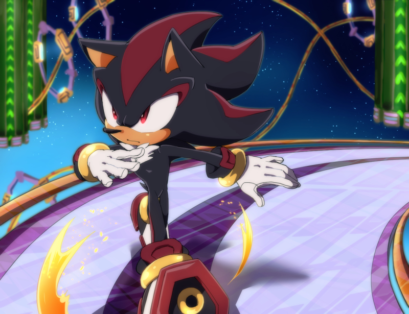1boy, furry, furry_male, gloves, in-universe_location, male_focus, red_eyes, shadow_the_hedgehog, solo, sonic_(series), sonic_adventure_2, space, star_(sky), t_akiko, white_fur, white_gloves
