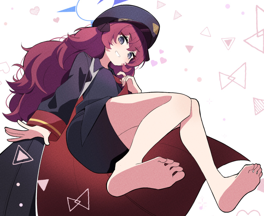 bare_legs, barefoot, black_shirt, black_skirt, blue_archive, grey_eyes, grey_jacket, highres
