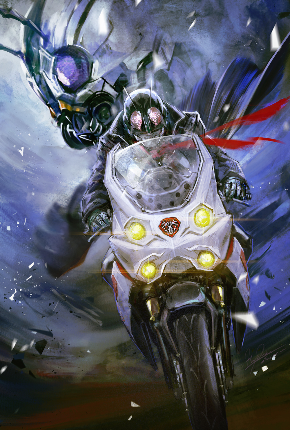 1boy, antennae, armor, bug, coat, compound_eyes, gloves, glowing