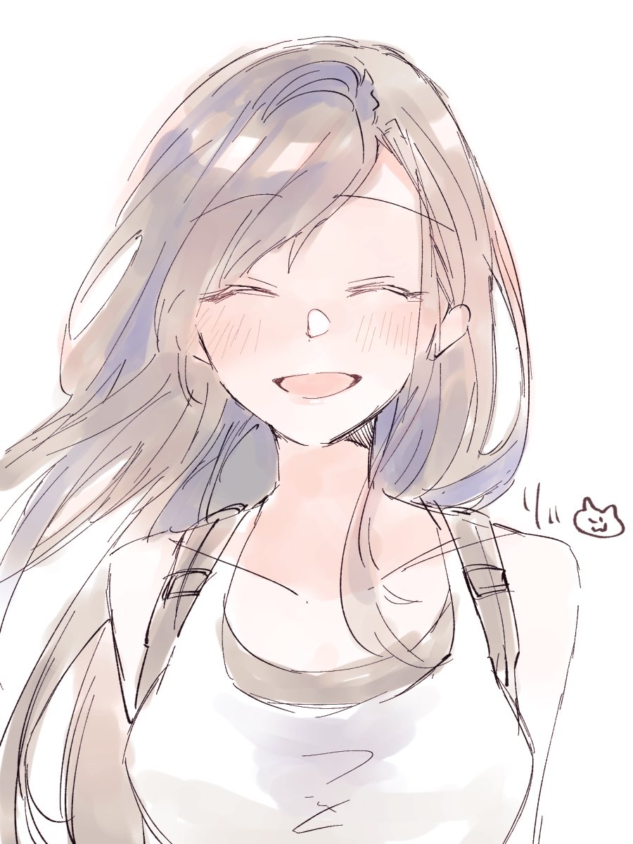 1girl, arms_behind_back, bare_shoulders, black_hair, blush, breasts, closed_eyes, collarbone, commentary_request, facing_viewer, final_fantasy, final_fantasy_vii, final_fantasy_vii_rebirth, final_fantasy_vii_remake, happy, highres, long_hair, medium_breasts, open_mouth, rin_0101010, signature, smile, solo, suspenders, swept_bangs, tank_top, tifa_lockhart, upper_body, white_background, white_tank_top