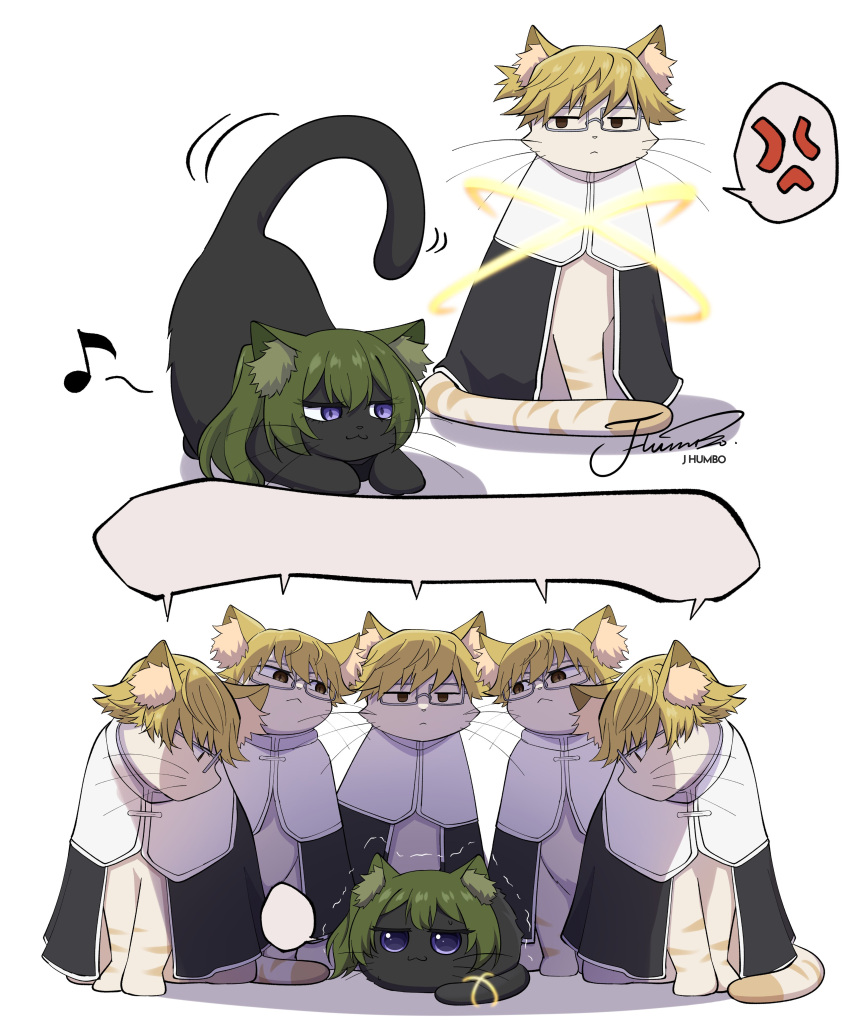 :3, absurdres, anger_vein, animal, animal_ear_fluff, blonde_hair, cat, glasses