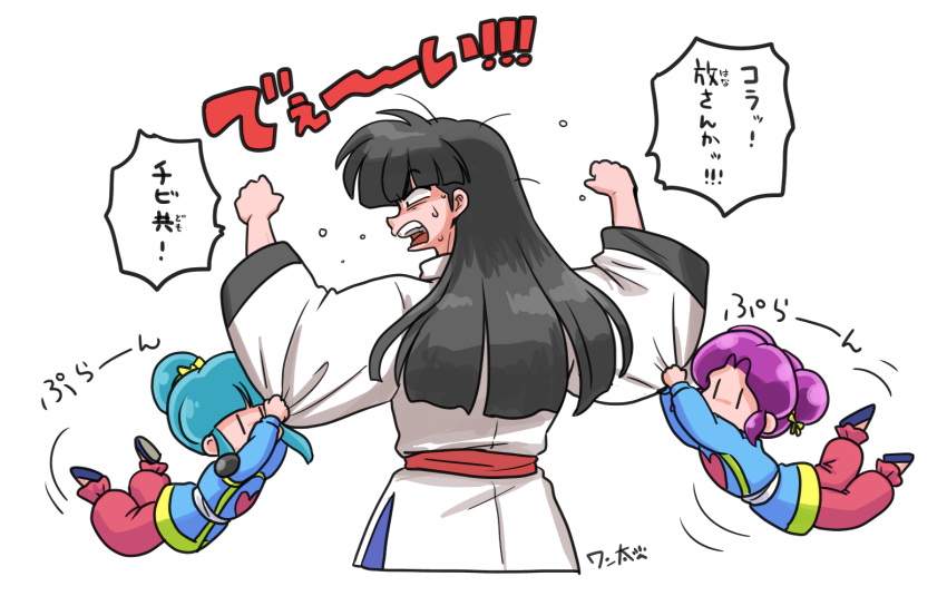 1boy, 2girls, angry, arms_up, belt, black_footwear, black_hair, blue_pants, blue_shirt, bow, chibi, child, chinese_clothes, clutching_clothes, double_bun, green_hair, hair_bow, hair_bun, heart, lang-lang, ling-ling, long_hair, messy_hair, mousse_(ranma_1/2), multiple_girls, open_mouth, pants, pink_hair, pink_pants, playing, ranma_1/2, red_belt, shirt, shouting, sidelocks, single_hair_bun, sweatdrop, swinging, wanta_(futoshi), white_background, white_belt, white_shirt, yellow_bow