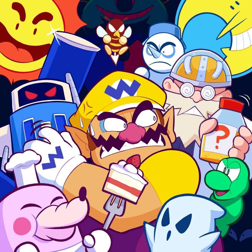 2boys, absurdres, anger_vein, arewo_shitain-hakase, beard, bee, big_nose, bottle, bug, cake, cake_slice, chef_hat, coke-bottle_glasses, facial_hair, food, ghost, glasses, gloves, grin, hammer, hat, highres, letitmelo, moon, multiple_boys, mustache, open_mouth, overalls, pointy_ears, purple_overalls, red_eyes, robot, rudy_the_clown, shirt, smile, snowman, sun, sweatdrop, thick_eyebrows, wario, wario_land, wario_land_3, white_gloves, worm, yellow_hat, yellow_shirt